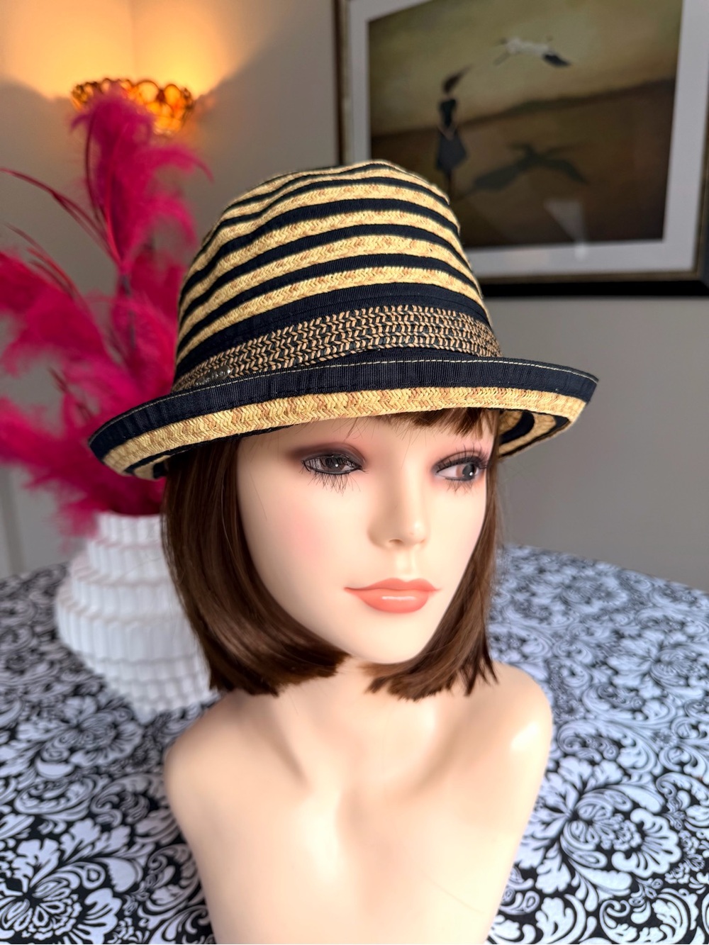 Calvin Klein Black Tan Striped Woven Fedora Hat